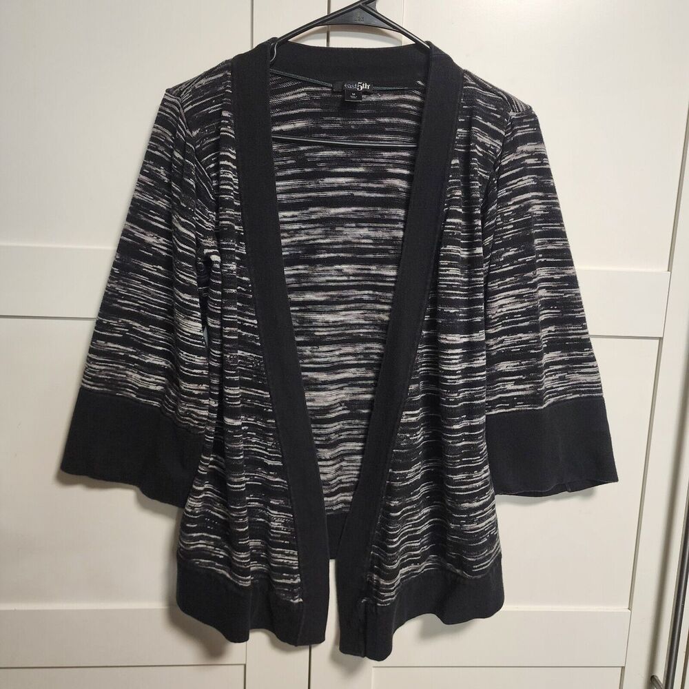 East 5th Open Cardigan Sweater Women's Medium Black White and Gray Stripe